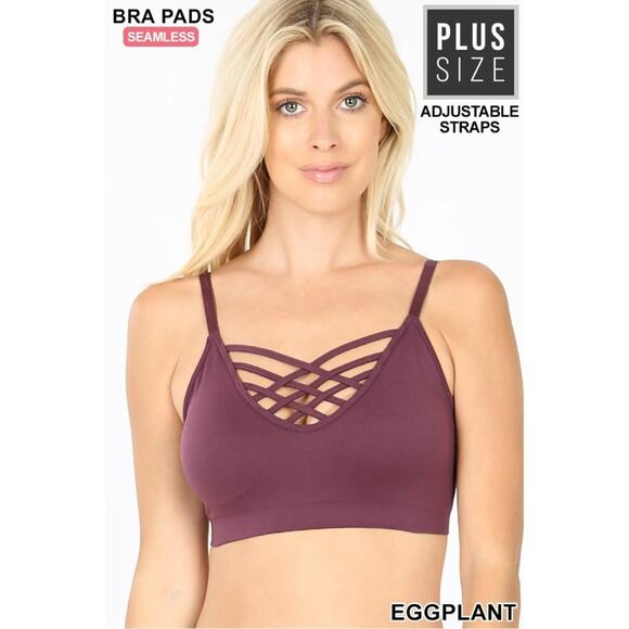 1X/2X Eggplant Front V Lattice Bralette + bra padding adjustable straps Zenana - Picture 1 of 15